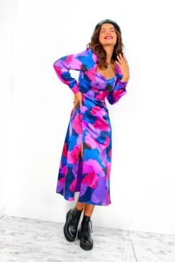 Floral Frenzy - Cobalt Magenta Abstract Midi Dress -Deals Modashka Store FloralFrenzy CobaltMagentaAbstractMidiDress 1