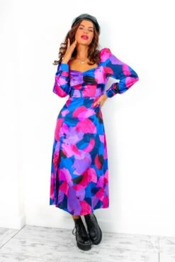 Floral Frenzy - Cobalt Magenta Abstract Midi Dress -Deals Modashka Store FloralFrenzy CobaltMagentaAbstractMidiDress 5