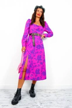 Floral Frenzy - Magenta Purple Floral Midi Dress -Deals Modashka Store FloralFrenzy MagentaPurpleFloralMidiDress1