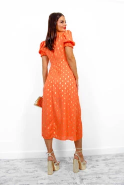 Floral Frenzy - Orange Gold Printed Midi Dress -Deals Modashka Store FloralFrenzy OrangeGoldPrintedMidiDress 1