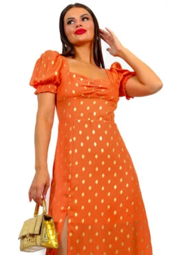 Floral Frenzy - Orange Gold Printed Midi Dress -Deals Modashka Store FloralFrenzy OrangeGoldPrintedMidiDress 3