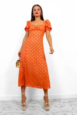 Floral Frenzy - Orange Gold Printed Midi Dress -Deals Modashka Store FloralFrenzy OrangeGoldPrintedMidiDress 5