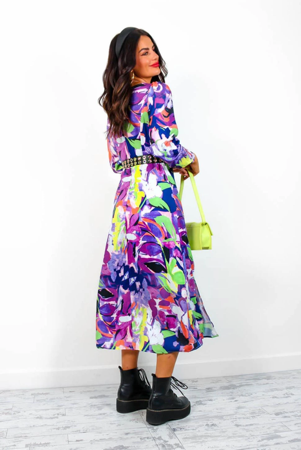 Floral Frenzy - Purple Lime Abstract Print Midi Dress 6 Floral Frenzy - Purple Lime Abstract Print Midi Dress - Image 4
