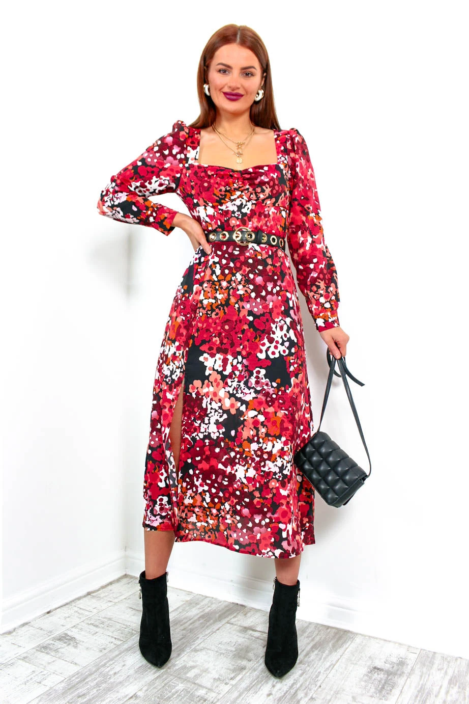 Floral Frenzy - Red Berry Print Midi Dress 6 Floral Frenzy - Red Berry Print Midi Dress - Image 4