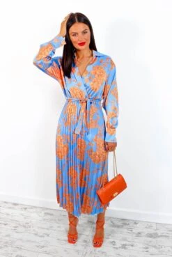 Catwalk Fool For Floral - Blue Orange Pleated Midi Dress -Deals Modashka Store FoolForFloral BlueOrangePleatedMaxiDress3