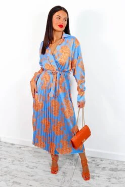 Catwalk Fool For Floral - Blue Orange Pleated Midi Dress