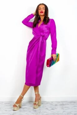 AX Paris Forget The Rules - Magenta Satin Long Sleeve Midi Dress -Deals Modashka Store ForgetTheRules MagentaSatinLongSleeveMidiDress 3