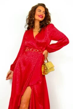Frilled To Be Here - Red Leopard Jacquard Midi Wrap Dress -Deals Modashka Store FrilledToBeHere RedLeopardJacquardMidiWrapDress 5