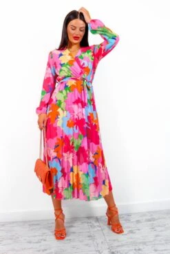 Catwalk Glamour And Bloom - Pink Multi Floral Midi Dress