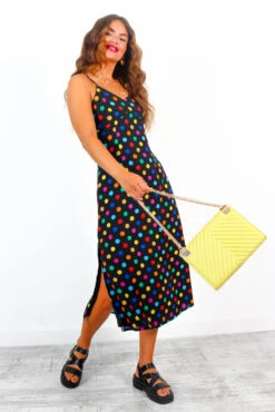 Good Without You - Black Multi Spot Satin Cami Midi Dress