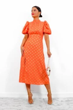 Got The Flower - Orange Gold Foil Midi Dress -Deals Modashka Store GotTheFlower OrangeGoldFoilMidiDress 1