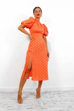 Got The Flower - Orange Gold Foil Midi Dress