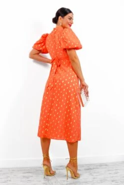 Got The Flower - Orange Gold Foil Midi Dress -Deals Modashka Store GotTheFlower OrangeGoldFoilMidiDress 3