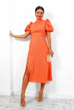 Got The Flower - Orange Gold Foil Midi Dress -Deals Modashka Store GotTheFlower OrangeGoldFoilMidiDress 4