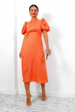 Got The Flower - Orange Gold Foil Midi Dress -Deals Modashka Store GotTheFlower OrangeGoldFoilMidiDress 6