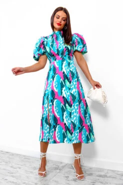 Got The Flower - Turquoise Fuchsia Abstract Midi Dress -Deals Modashka Store GotTheFlower TurquoiseFuchsiaAbstractMidiDress 3