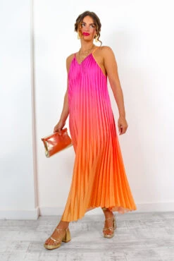 Gotta Let Go - Pink Orange Ombre Pleated Satin Maxi Dress -Deals Modashka Store GottaLetGo PinkOrangeOmbrePleatedSatinMaxiDress