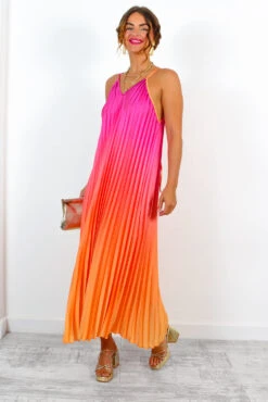 Gotta Let Go - Pink Orange Ombre Pleated Satin Maxi Dress -Deals Modashka Store GottaLetGo PinkOrangeOmbrePleatedSatinMaxiDress 4