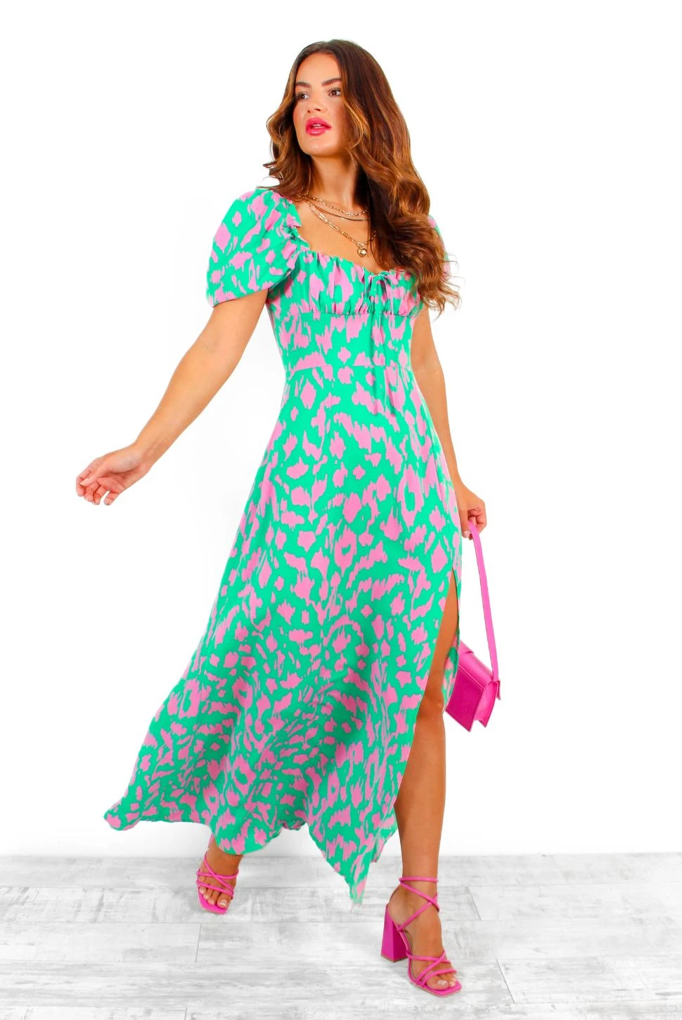 Happier Than Ever - Green Pink Animal Print Milkmaid Maxi Dress 7 Happier Than Ever - Green Pink Animal Print Milkmaid Maxi Dress - Image 5
