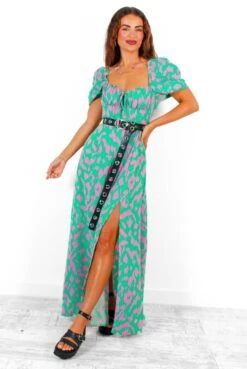 Happier Than Ever - Green Pink Animal Print Milkmaid Maxi Dress
