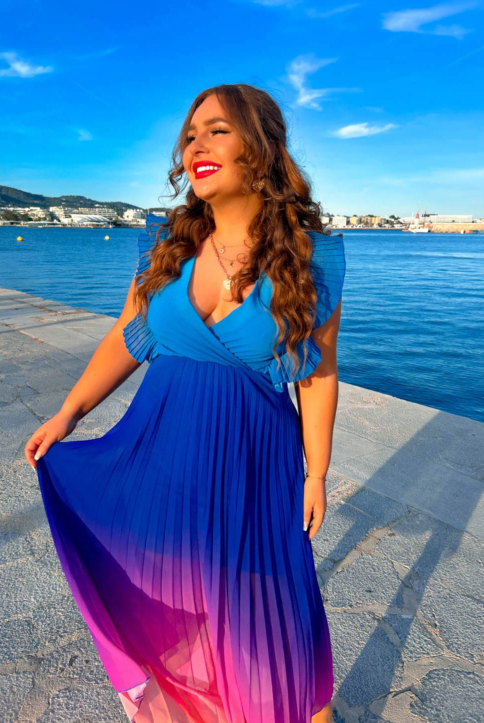 Mamma Mia - Blue Pink Ombre Pleated Maxi Dress 6 Mamma Mia - Blue Pink Ombre Pleated Maxi Dress - Image 4