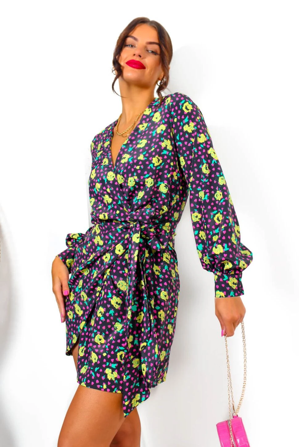 Glamorous No Second Chances - Black Multi Rose Mini Wrap Dress 6 Glamorous No Second Chances - Black Multi Rose Mini Wrap Dress - Image 4