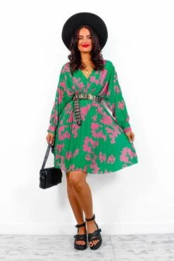 Imagine Me - Green Pink Floral Pleated Mini Dress -Deals Modashka Store ImagineMe GreenPinkFloralPleatedMiniDress1