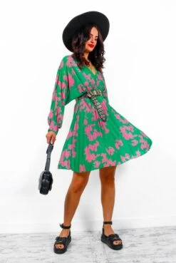 Imagine Me - Green Pink Floral Pleated Mini Dress -Deals Modashka Store ImagineMe GreenPinkFloralPleatedMiniDress2