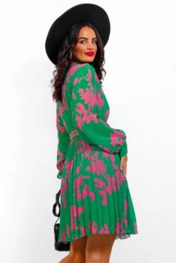 Imagine Me - Green Pink Floral Pleated Mini Dress -Deals Modashka Store ImagineMe GreenPinkFloralPleatedMiniDress5