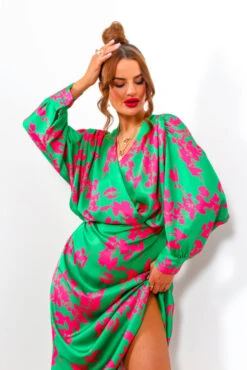 In My Imagination - Green Pink Floral Batwing Midi Dress -Deals Modashka Store InMyImagination GreenPinkFloralBatwingMidiDress1