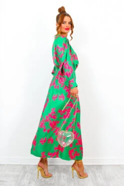 In My Imagination - Green Pink Floral Batwing Midi Dress -Deals Modashka Store InMyImagination GreenPinkFloralBatwingMidiDress5