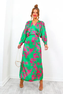 In My Imagination - Green Pink Floral Batwing Midi Dress -Deals Modashka Store InMyImagination GreenPinkFloralBatwingMidiDress6