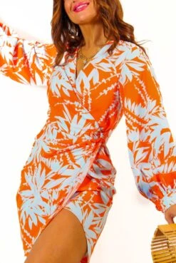 Its Not Over - Orange Pale Blue Tropical Print Gathered Midi Dress -Deals Modashka Store It sNotOver OrangePaleBlueTropicalPrintGatheredMidiDress 1