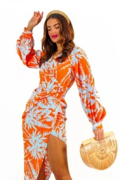 Its Not Over - Orange Pale Blue Tropical Print Gathered Midi Dress -Deals Modashka Store It sNotOver OrangePaleBlueTropicalPrintGatheredMidiDress 2