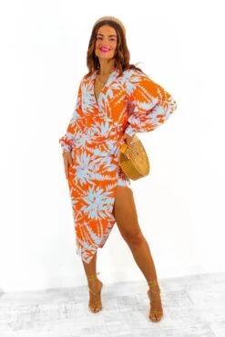 Its Not Over - Orange Pale Blue Tropical Print Gathered Midi Dress -Deals Modashka Store It sNotOver OrangePaleBlueTropicalPrintGatheredMidiDress 3