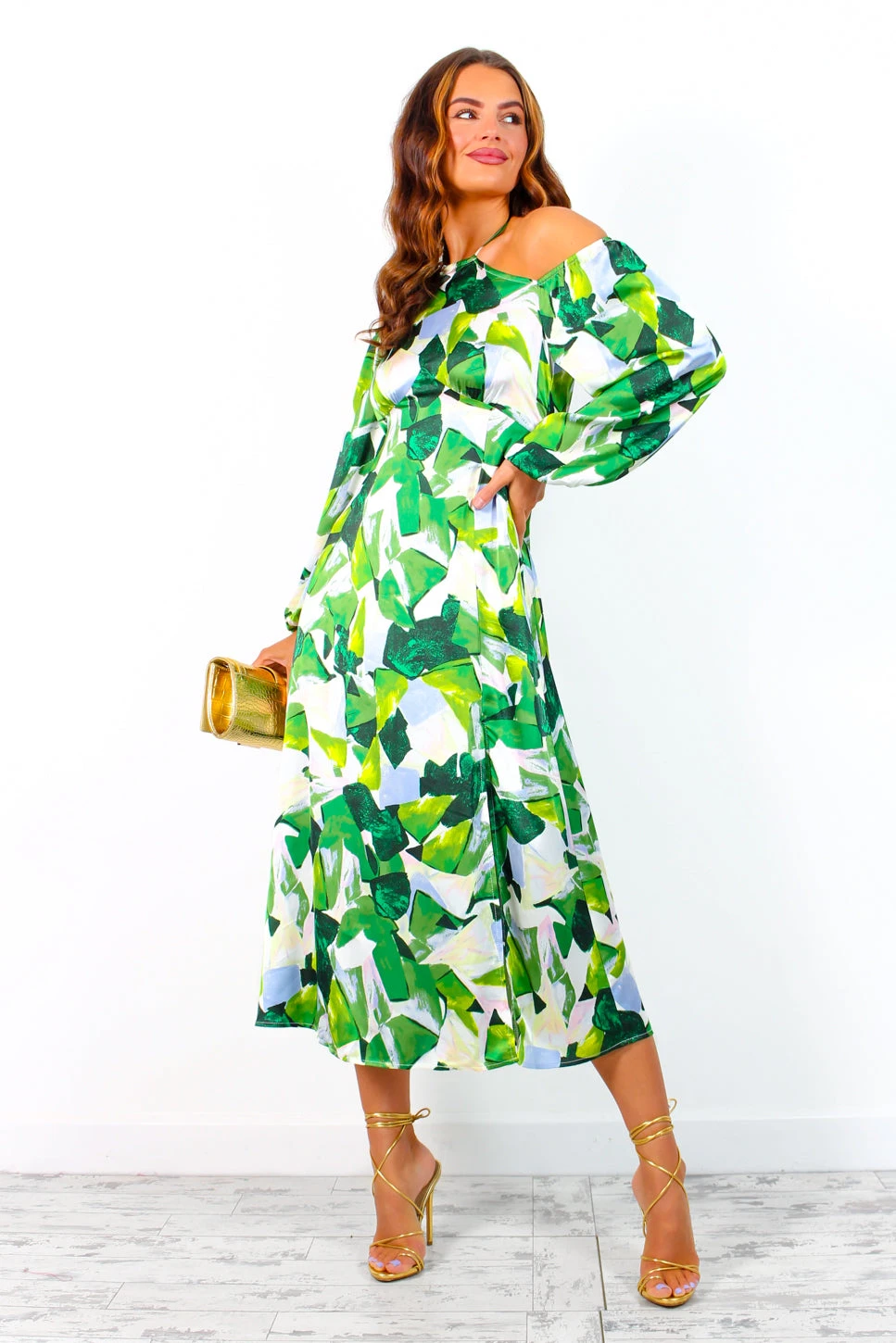 Just Be Good To Me - Green Abstract Print Halter Neck Midi Dress 6 Just Be Good To Me - Green Abstract Print Halter Neck Midi Dress - Image 4