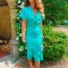 Knot Your Average - Turquoise Satin Knot Front Midi Dress