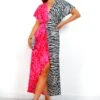 Knot In Love - Black White Pink Animal Spliced Midi Dress 1 Knot In Love - Black White Pink Animal Spliced Midi Dress -Deals Modashka Store KnotInLove BlackWhitePinkAnimalSplicedMidiDress