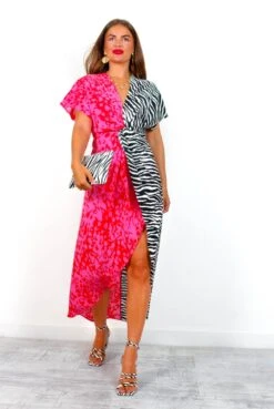 Knot In Love - Black White Pink Animal Spliced Midi Dress -Deals Modashka Store KnotInLove BlackWhitePinkAnimalSplicedMidiDress 1