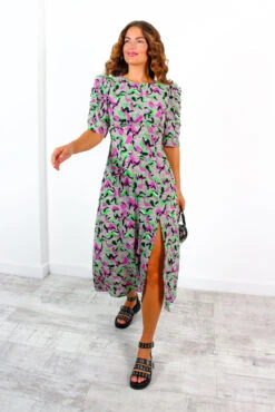 Law Of The Jungle - Purple Green Abstract Midi Dress -Deals Modashka Store LawOfTheJungle PurpleGreenAbstractMidiDress 1