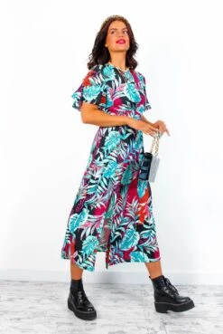 Lets Split - Magenta Turquoise Tropical Print Midi Dress -Deals Modashka Store Let sSplit MagentaTurquoiseTropicalPrintMidiDress4