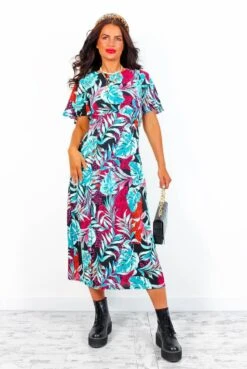 Lets Split - Magenta Turquoise Tropical Print Midi Dress -Deals Modashka Store Let sSplit MagentaTurquoiseTropicalPrintMidiDress5
