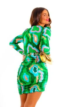 Like It Like That - Green Abstract Print Ruched Mini Dress -Deals Modashka Store LikeItLikeThat GreenAbstractPrintRuchedMiniDress 1