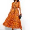Mamma Mia - Orange Fuchsia Leopard Pleated Maxi Dress