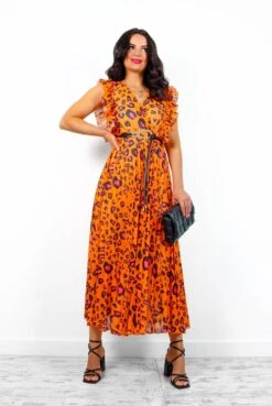 Mamma Mia - Orange Fuchsia Leopard Pleated Maxi Dress -Deals Modashka Store MammaMia OrangeFuchsiaLeopardPleatedMaxiDress9