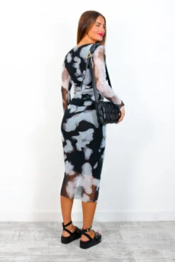 Mesh You Up - Black Grey Printed Ruched Midi Dress -Deals Modashka Store MeshYouUp BlackGreyPrintedRuchedMidiDress 1