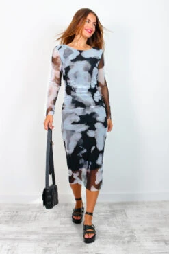 Mesh You Up - Black Grey Printed Ruched Midi Dress -Deals Modashka Store MeshYouUp BlackGreyPrintedRuchedMidiDress 2