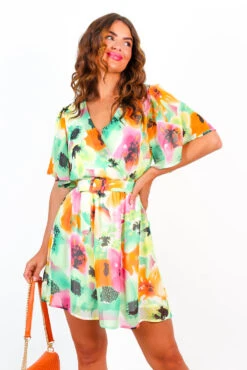 Mi Amore - Green Pink Multi Floral Belted Mini Dress -Deals Modashka Store MiAmore GreenPinkMultiFloralBeltedMiniDress 6