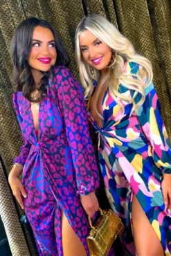 Caught Your Attention - Magenta Blue Leopard Midi Wrap Dress