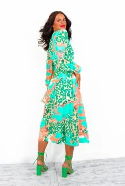 Modern Love - Green Peach Leopard Midi Wrap Dress -Deals Modashka Store ModernLove GreenPeachLeopardMidiWrapDress3